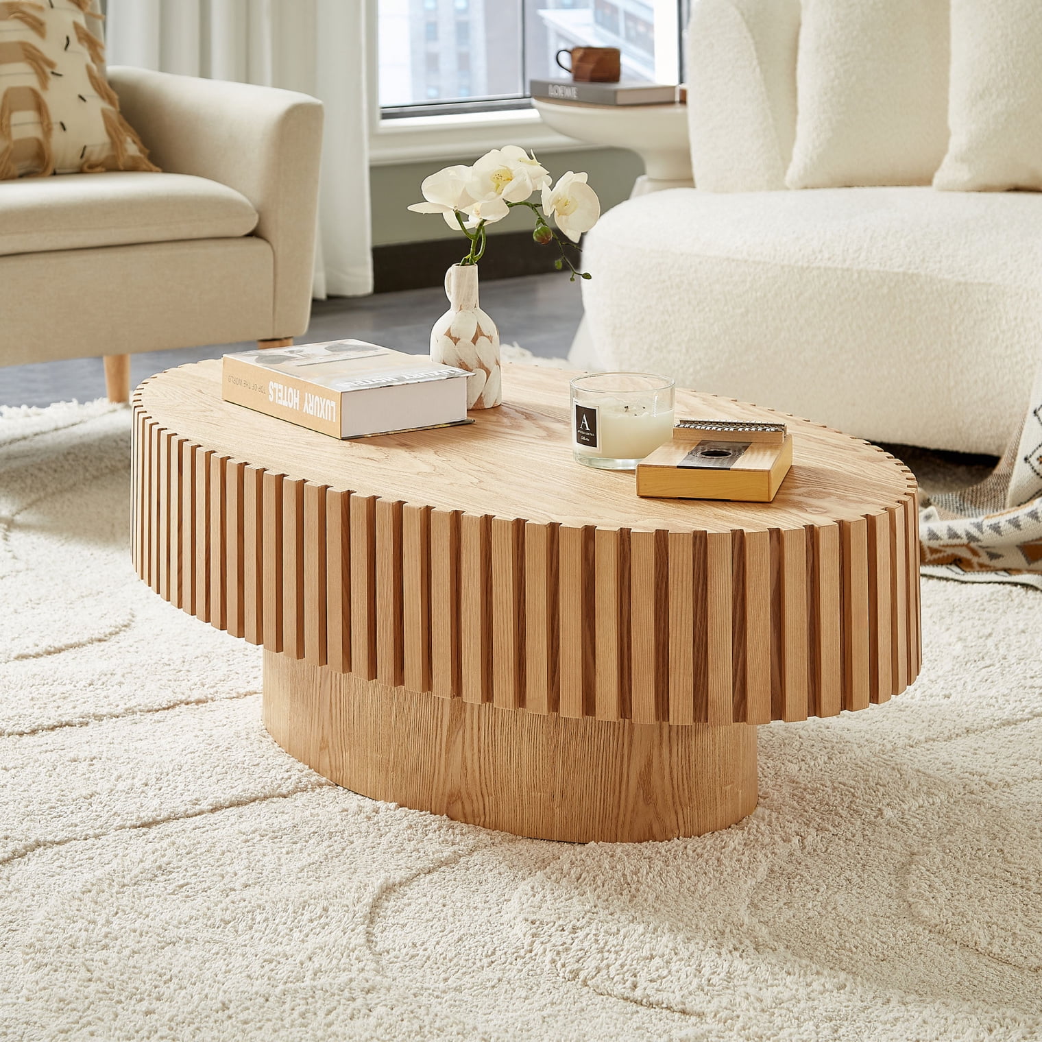44" Oak Wood Coffee Table, Handcraft Drum Fluted Accent Table, Contemporary Center Table with Sturdy Pedestal for Living Room, Natural