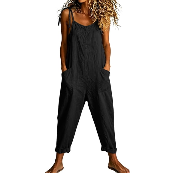 BODOAO Women's Cotton Linen Baggy Overalls Jumpsuit, Casual Loose Fit Romper with Adjustable Straps and Pockets, Summer Sleeveless Beach Vacation One Piece Outfit for Travel Black L