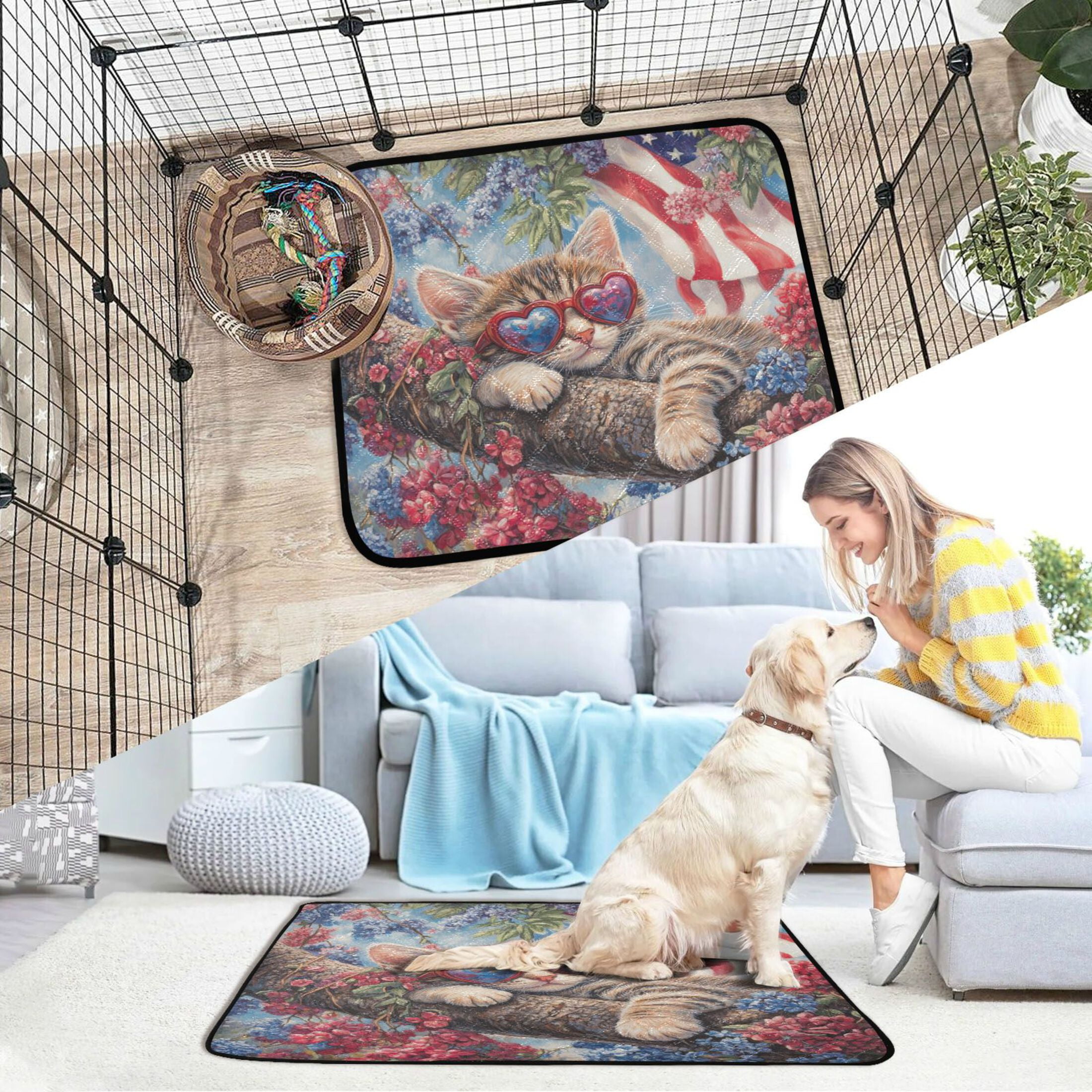 Qxltty 4th Of July Cat Cat litter Pads Pet Set of 2 Diaper Mats Center Anti-leakage Layer Absorbent Soft and Comfortable