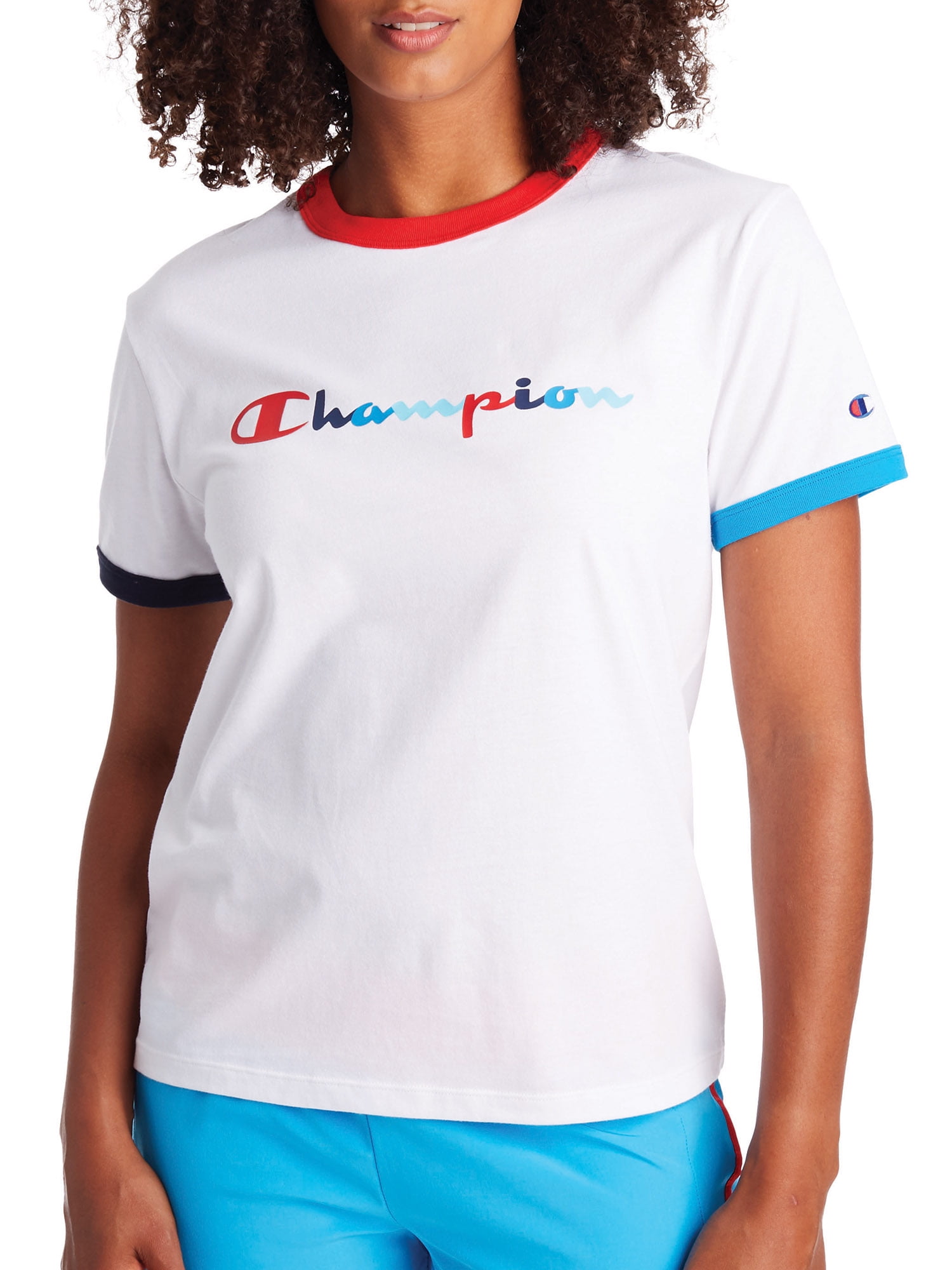 blue and white champion shirt