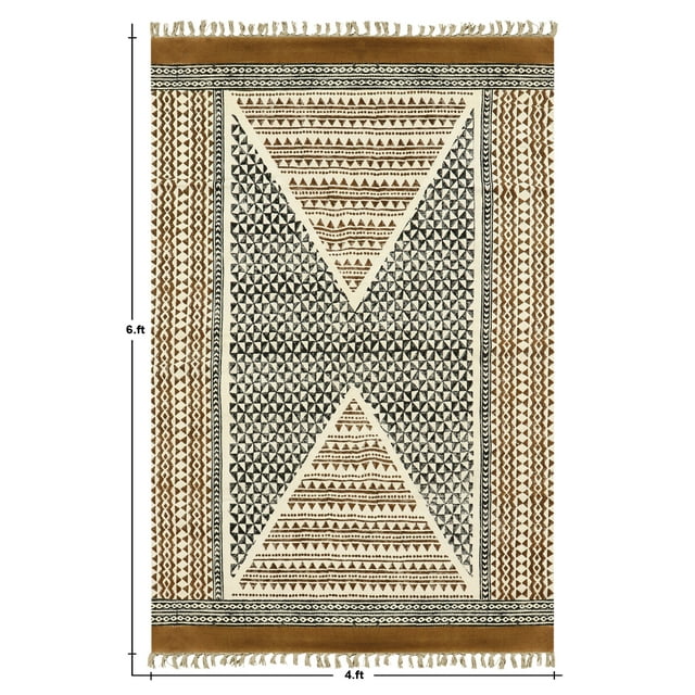 Casavani Hand Block Printed Black Cotton Living, Dining Room Area Carpets Square Outdoor Rug 4x4 feet