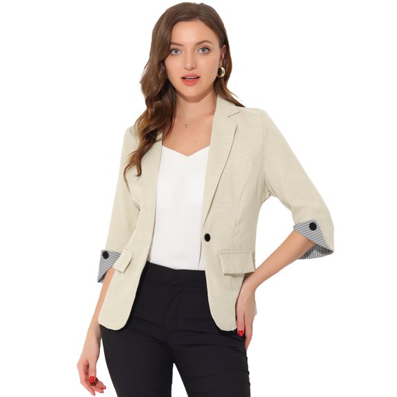 Blazer de trabajo de manga 3/4 con cuello de solapa con muescas para mujer Beige XS