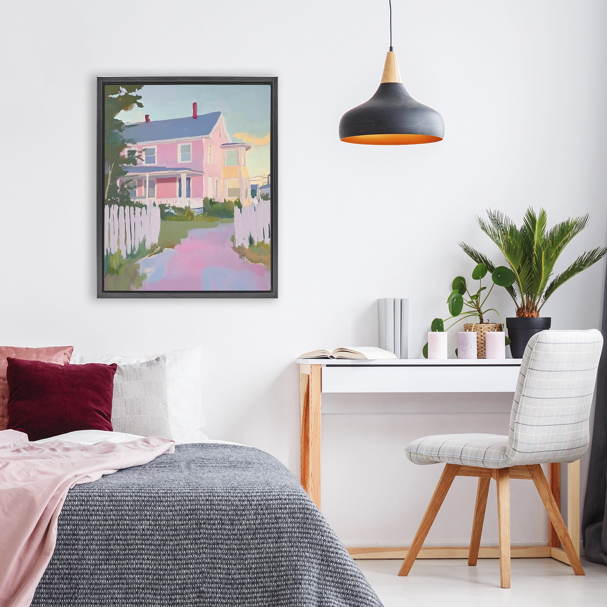 Stupell Industries Pastel Pink House with Fence Black Framed Floater Canvas Wall Art, design by The Prints Vibe