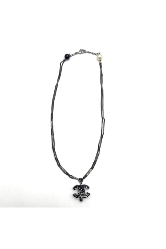 Pre-Owned Chanel 2-strand necklace Coco Mark fake pearl stone black gunmetal 06A... (Good)