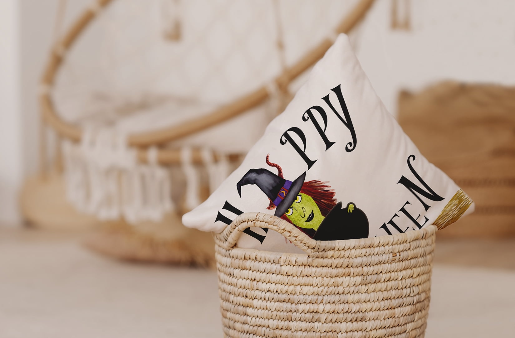 16" x 16" Simply Daisy Happy Halloween Witch Polyester Indoor/Outdoor Pillow, White Qty 1