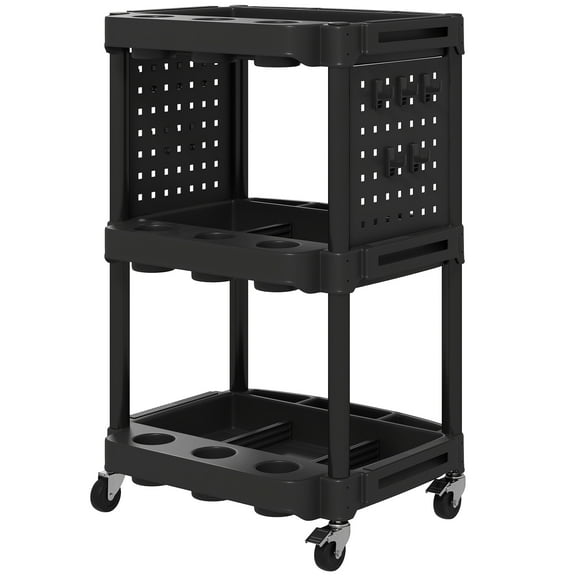 HOMCOM 3-Tier Rolling Tool Cart with Wheels, Plastic Utility Cart, Black