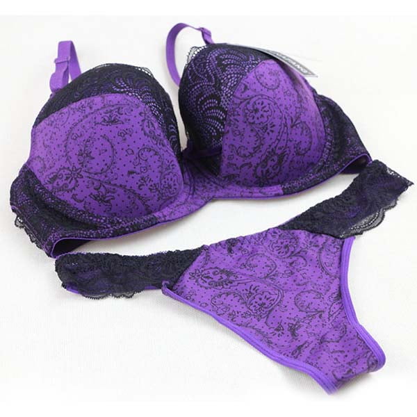 Purple & Black Bra & Thong Set Underwired Padded Moulded Plunge Push Up Lingerie