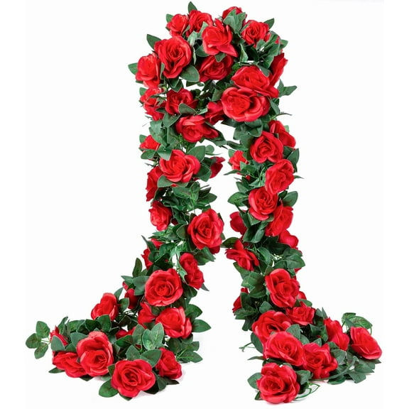 MORTTIC 2 Pack (15FT) Artificial Rose Vine Fake Flowers Garland Hanging Silk Rose Ivy Plants Vine for Mother's Day Wedding Arch Party Garden Wall Aesthetic Art Decor (Red)