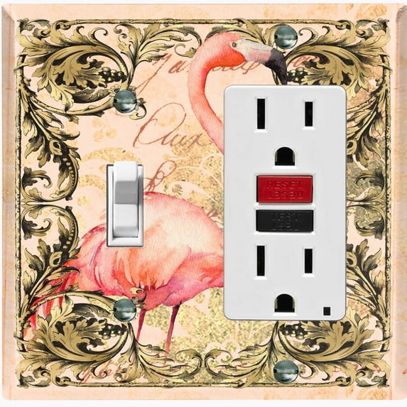 Metal Light Switch Plate Outlet Cover Elegant Flamingo Frame Beige Damask FGO015