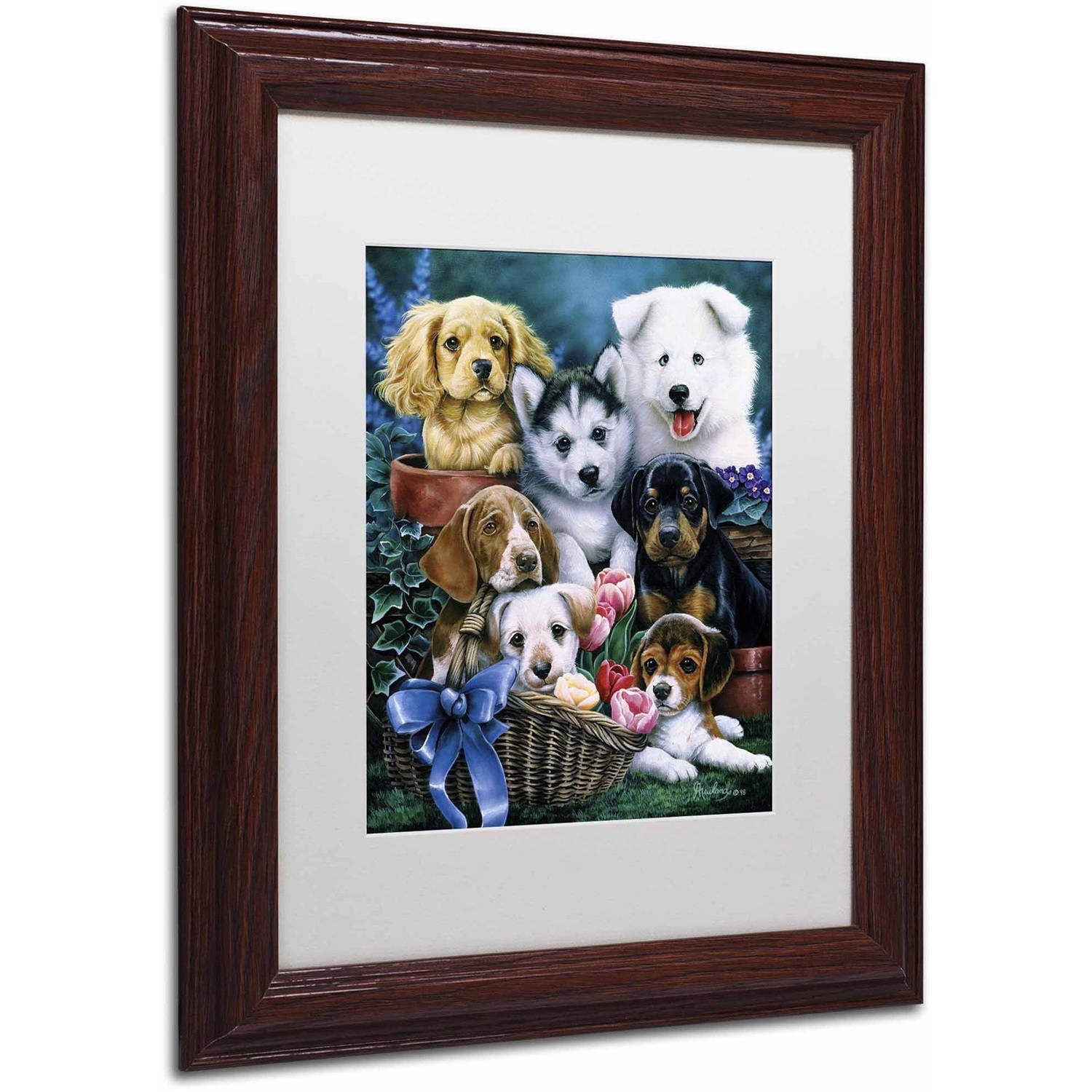 Trademark Fine Art 'Puppies' Canvas Art by Jenny Newland, White Matte, Wood Frame
