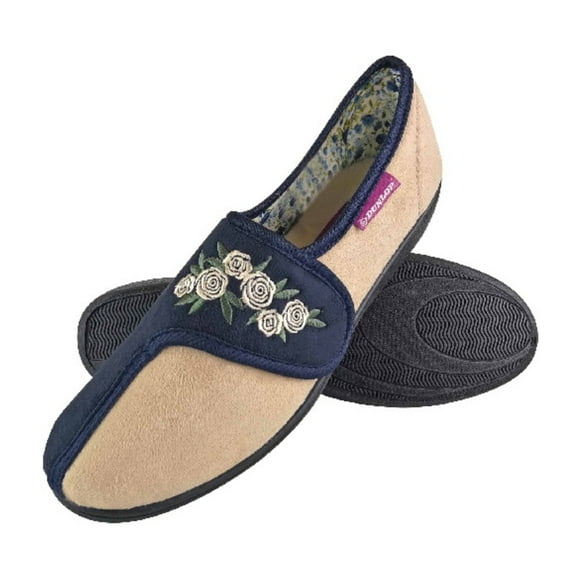 Dunlop - Ladies Adjustable Wide Fit Memory Foam Floral Velcro Slippers for Elderly Women