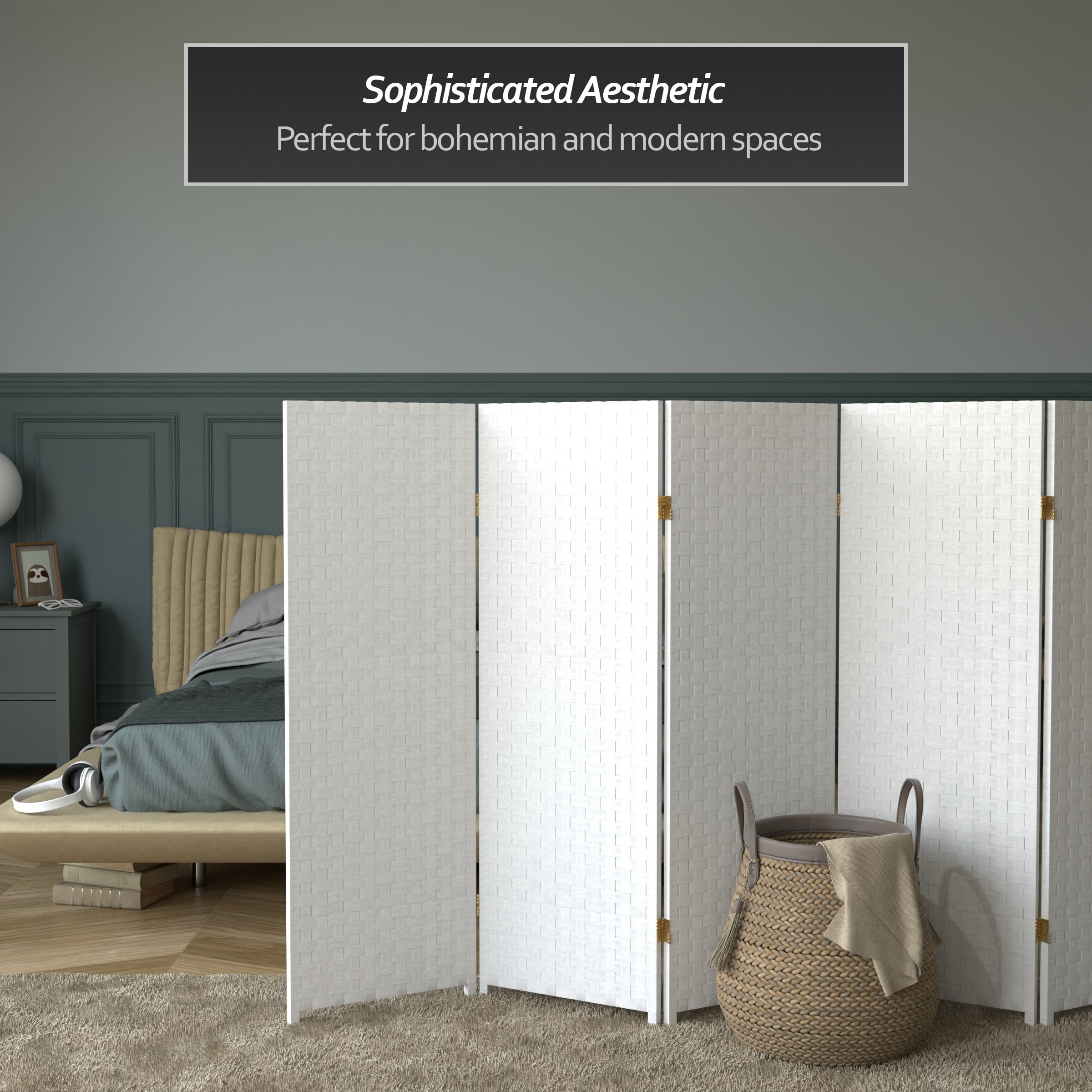 Red Lantern 4 ft. Short Woven Fiber Folding Screen - White - 6 Panel