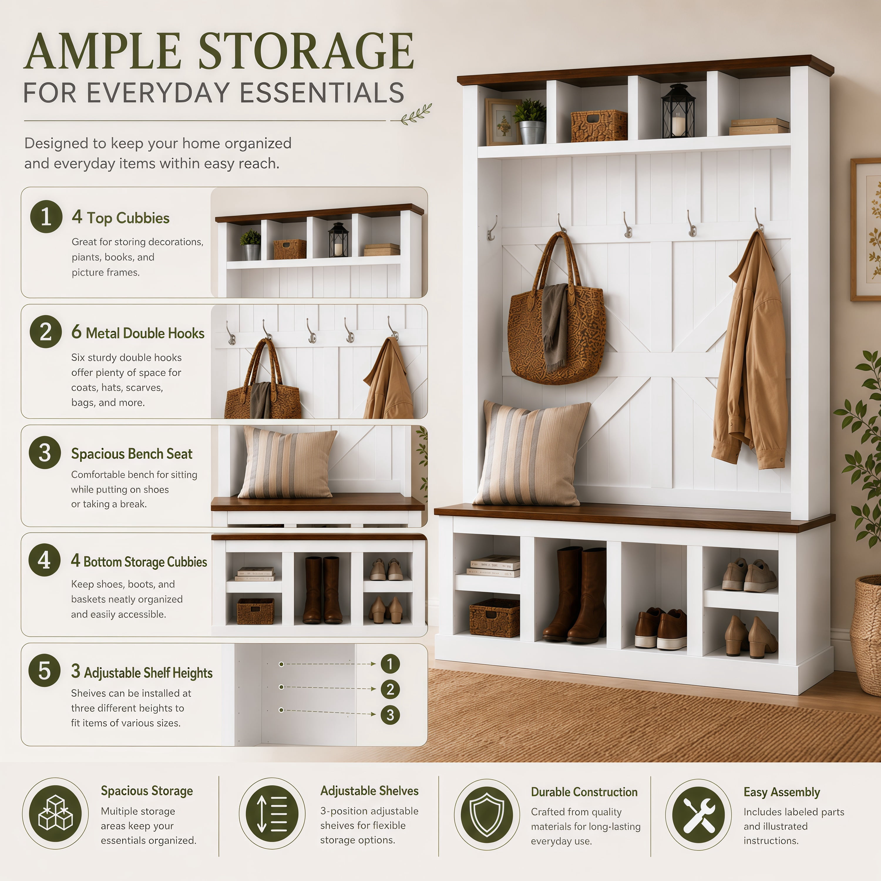 Aukfa 59" W Farmhouse Hall Tree, Large Entryway Storage Unit with Bench, 5 Hooks and Shoe Storage, White