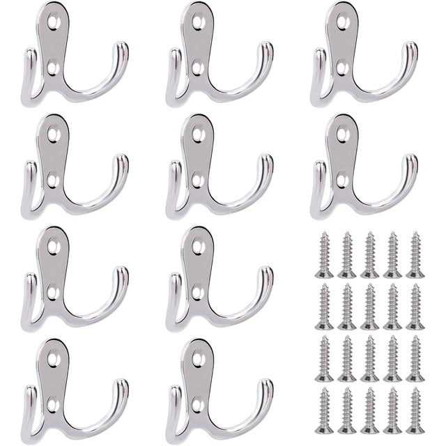 Gancho doble de metal cromado para montaje en pared, almacenamiento versátil para abrigos, bolsos, llaves, perchas multiusos, resistentes y confiables en áreas de dormitorio, baño y armario (20
