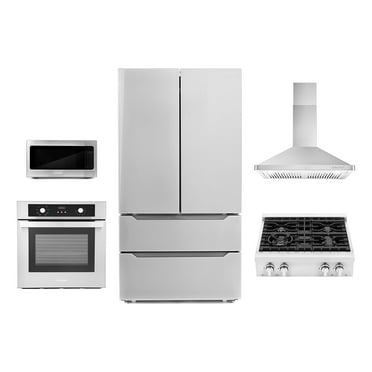 Cosmo 5 Piece Kitchen Package With 30" Gas Cooktop 24" Single Electric Wall Oven 24.4" Countertop Microwave French Door Refrigerator & 24" Built-in Fully Integrated Dishwasher