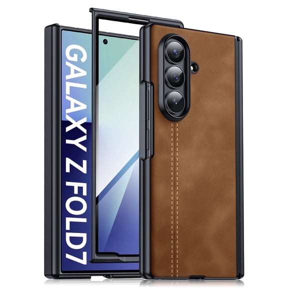 Vizvera for Samsung Galaxy Z Fold 7 With Screen Protector,Hinge Protection,Ultra Thin Leather Matte PC Durable Shockproof Cover Phone Case-Brown