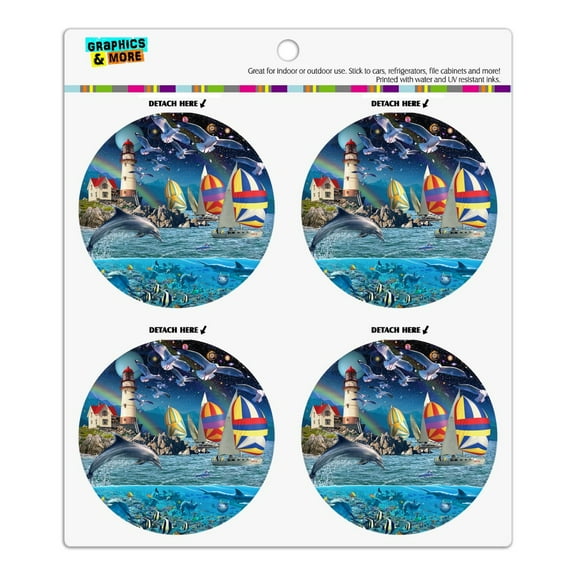 Ocean Shore Lighthouse Beach Slice of Life Refrigerator Fridge Locker Vinyl Circle Magnet Set