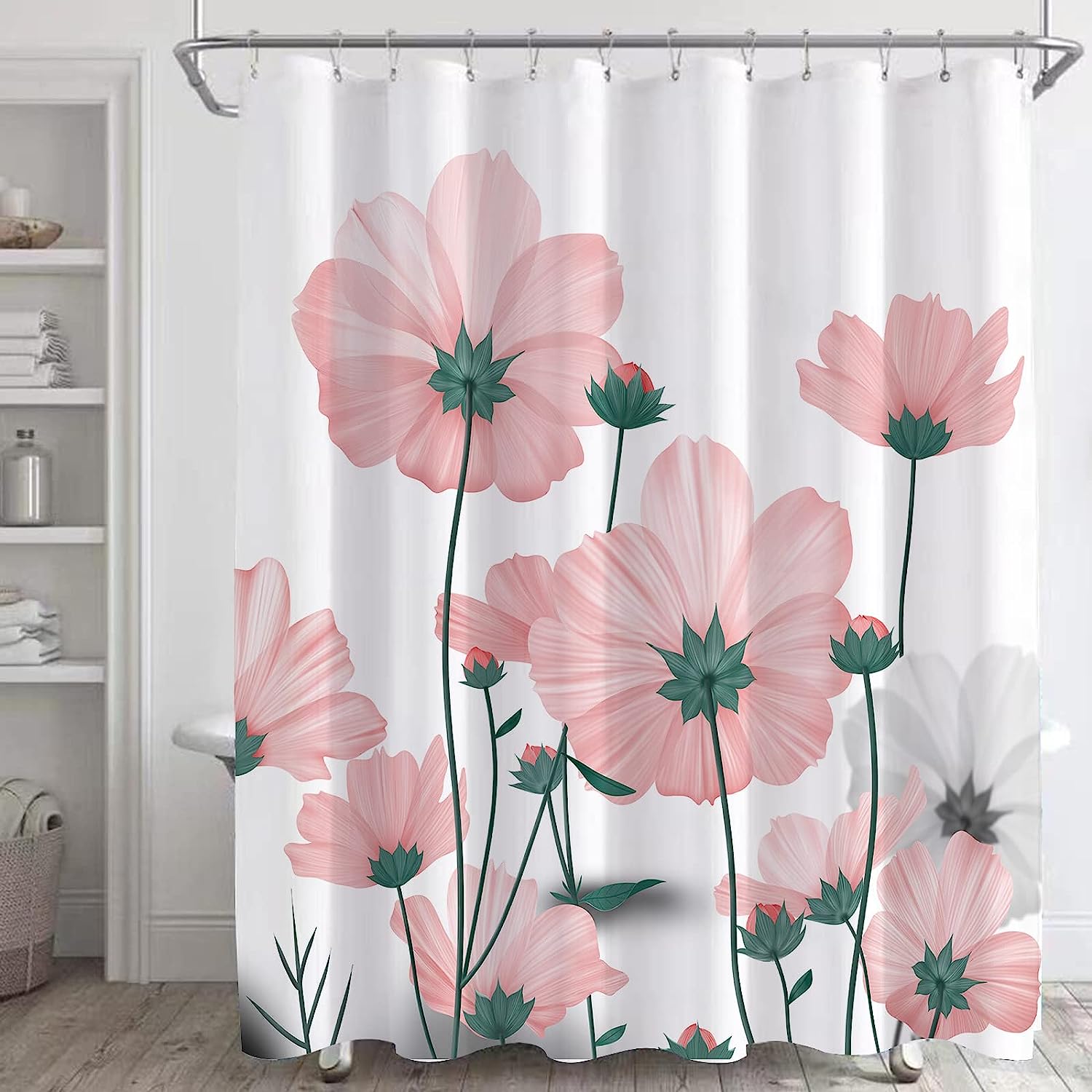 SPXUBZ Pink Floral Shower Curtain, Gray Blooming Flower Bathroom Shower