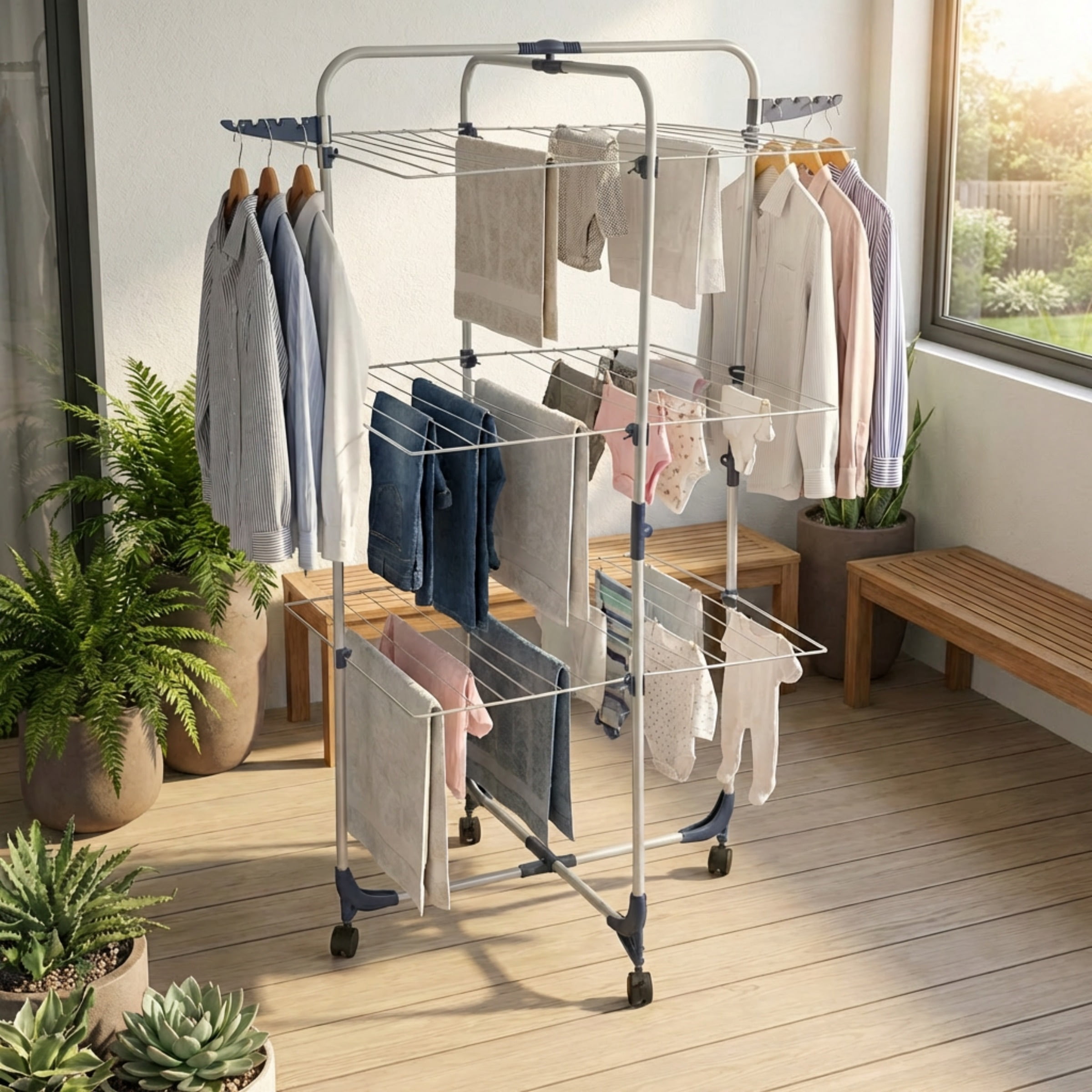 Lavish Home 3-Tier Collapsible Clothes Drying Rack with Shelves, White