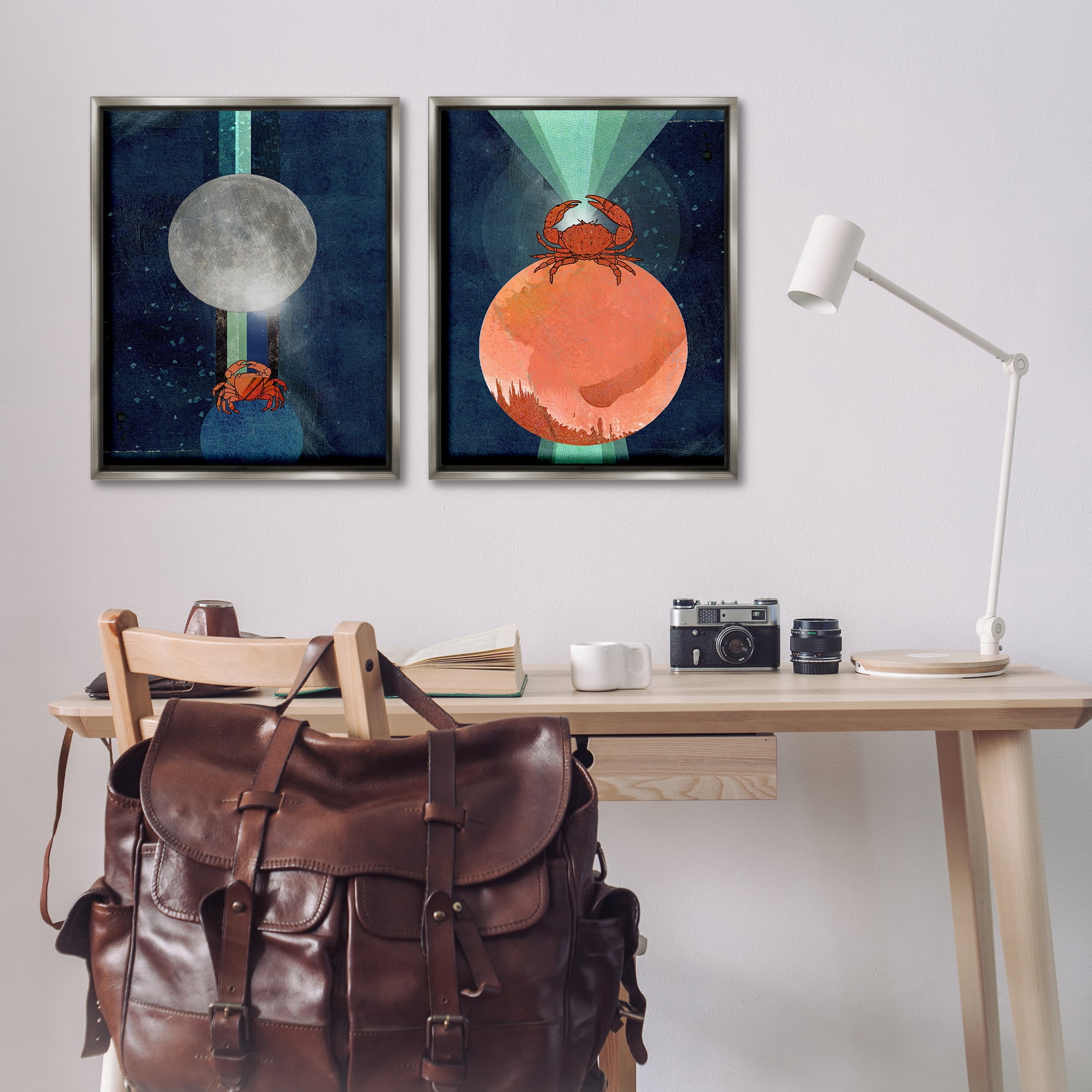 Stupell Industries Crab Orbs Light Rays Nautical & Beach Painting Gray Floater Framed Canvas Art Print Wall Art, 31 x 25, Set of 2
