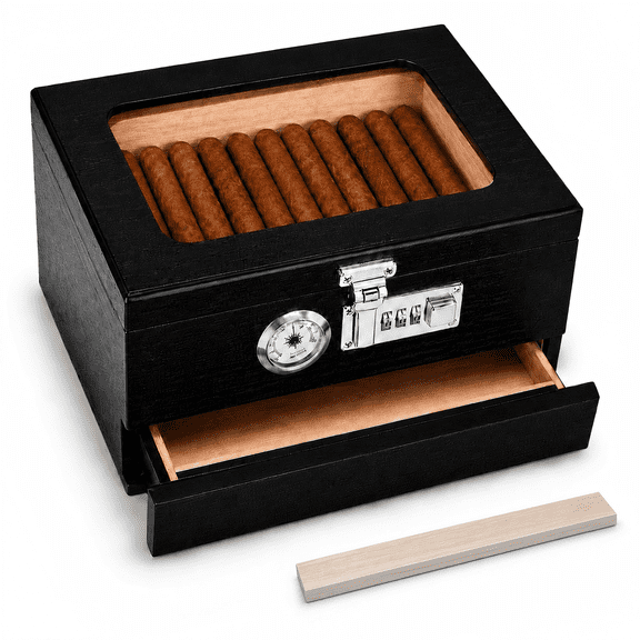 Cigar Humidor with Front Hygrometer, Black Cedar Wood Desktop Humidor Box with Divider, Glass Top Cigar Case, Holds 20-30 Cigars for Men