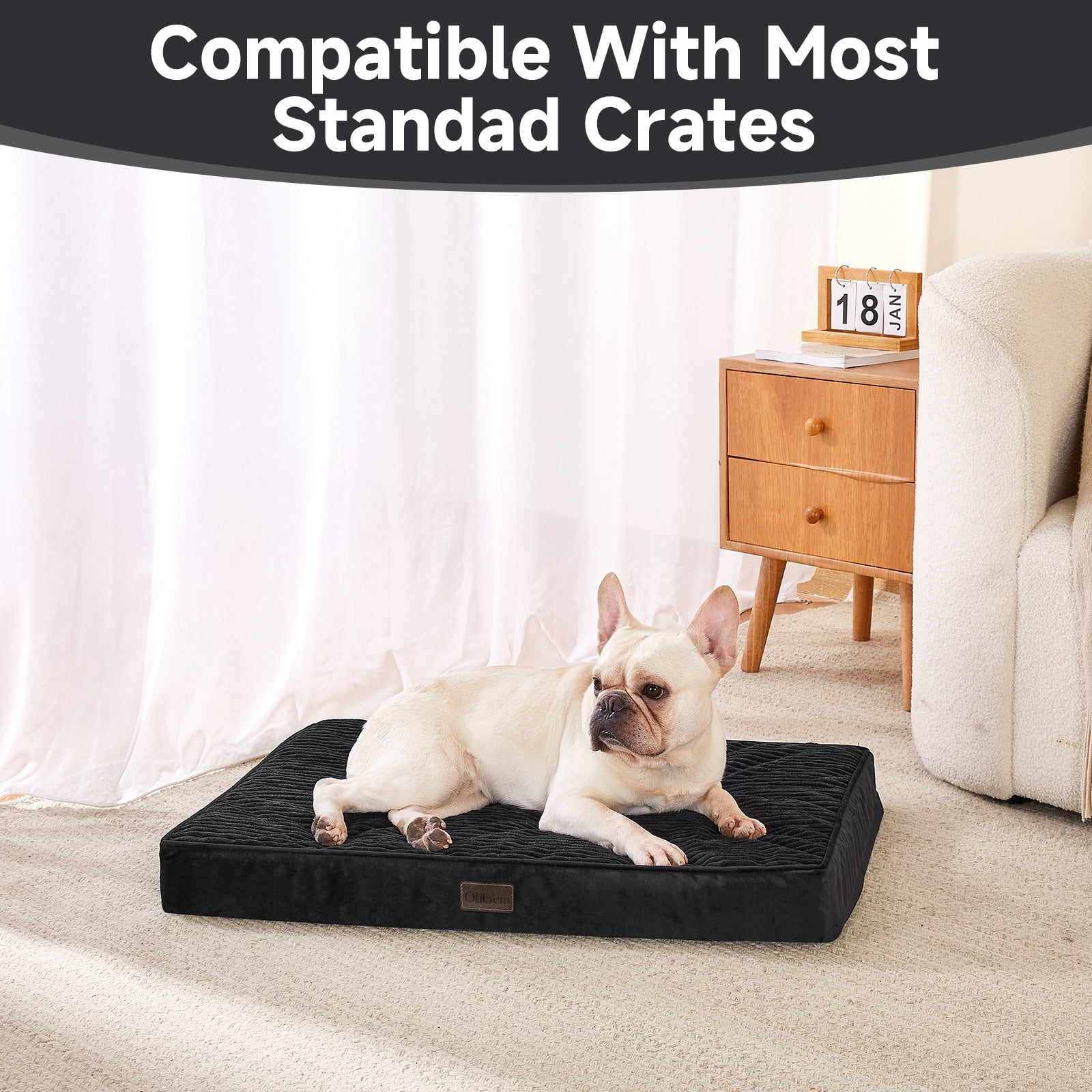 OhGeni Orthopedic Medium Dog Bed, Deluxe Cat Bed for Crates, Waterproof and Washable, 25D Egg Crate Foam Pad, 30" x 20", Black