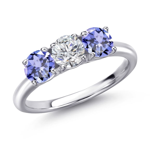 Gem Stone King 925 Sterling Silver Lab Grown Diamond and Blue Tanzanite Engagement Ring for Women | 1.42 Cttw | Round 5MM | Gemstone April Birthstone | Size 9
