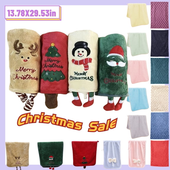 YgkuHd Premium Cotton Bath Towel 14x30" Christmas Coral Fleece Embroidered Towels - Santa Snowman Elk Christmas Tree 4 Patterns Holiday Gift Towels for Bathroom, Spa, Gym, Hotel