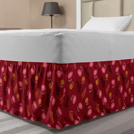 Floral Bed Skirt, Illustration of Flowers Forest Leaves and Polka Dots, Elastic Bedskirt Dust Ruffle Wrap Around for Bedding Decor, 4 Sizes, Ruby Pink, by Ambesonne