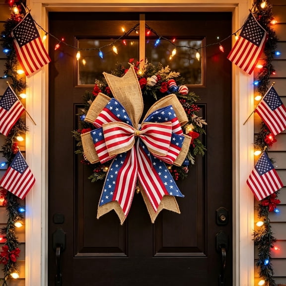 Miwamany Patriotic Wreath Bow, 4th of July Wreath Bow, 4th of July Decor, Memorial Day Wreath Bow, Independence Day Bow,Handmade Mailbox Bow for Wreath Wall Party Patriotic Decor