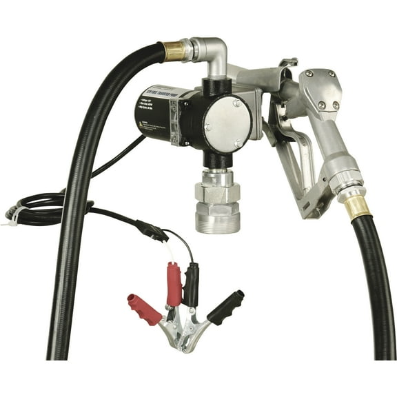 Roughneck 12V Diesel Fuel Transfer Pump, 8 GPM, Manual Nozzle, Hose
