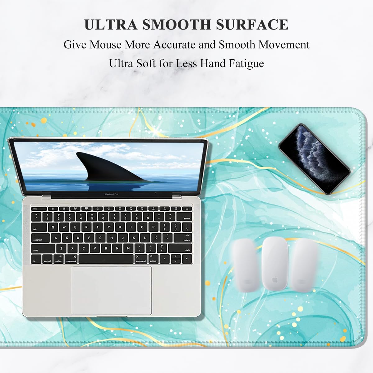 Desk Mouse Pad, Large Gaming Mousepad, XXL Desk Pad, Extended Long Superior Micro-Weave Cloth Non-Slip Rubber Big Computer Mouse Mat for Gamer, Office & Home, 35" x 15", Teal Gold Marble