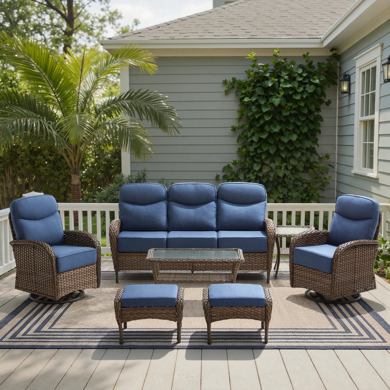 POCASSY 7 Pieces Patio Furniture Set with 6-inch Thick Cushion, Brown Wicker High Back Outdoor Couch and Swivel Glider Patio Chairs, Sectional Patio Set Ideal for Front Porch Backyard , Blue Cushion