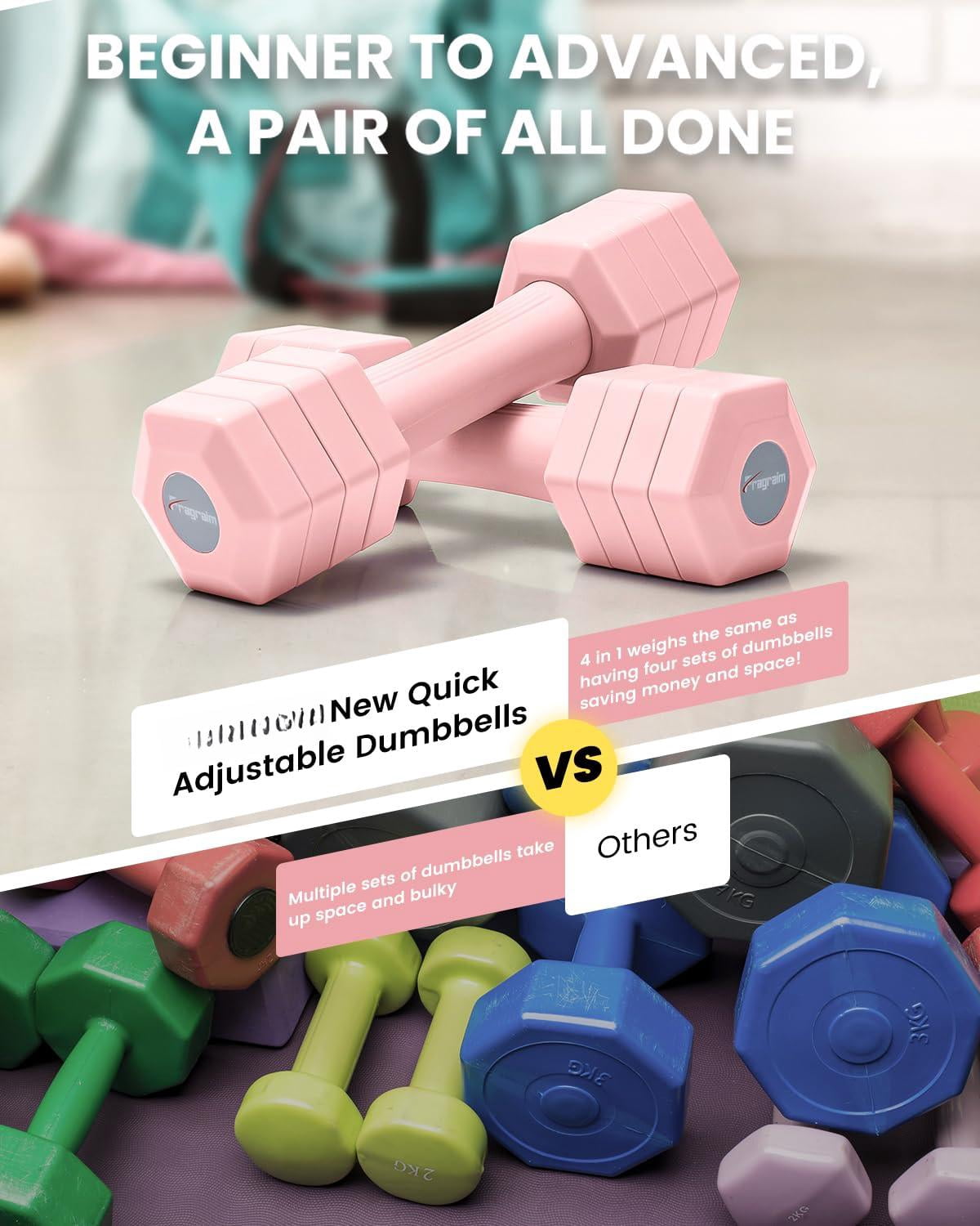 Adjustable Dumbbells Set  4 In 1 Hand Weights For Women Men 10 Lb/ 12 Lb Dumbbell Pair Each 2lbs 3lbs 4lbs 5lbs With Tpu Soft Rubber Handle Home Gym Exercise Fitness