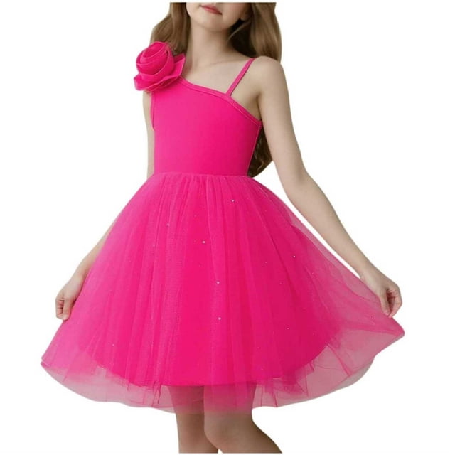 Vestido sin mangas de cuello redondo para niña, vestido con tirantes y hombros descubiertos, falda de malla, falda de princesa para niña, vestido de poliéster para niña