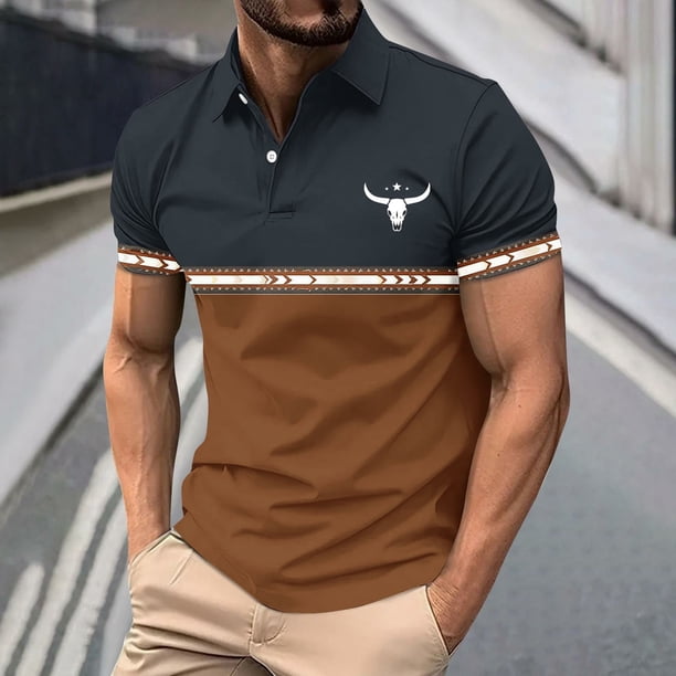 Blusa y camisa de manga corta con cuello vuelto para hombre, blusa de manga larga con solapa y botones estampados, blusa de poliéster para hombre