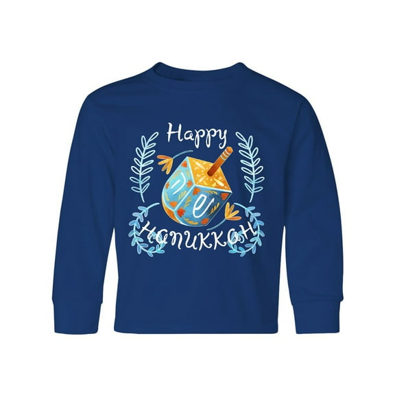 Inktastic Happy Hanukkah Dreidel and Laurels Long Sleeve Youth T-Shirt