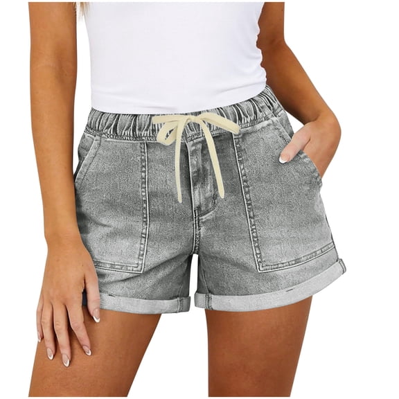 BUIGTTKLOP Denim Shorts for Women Drawstring High Waisted Jeans Shorts Rolled Hem Wide Leg Summer Casual Shorts