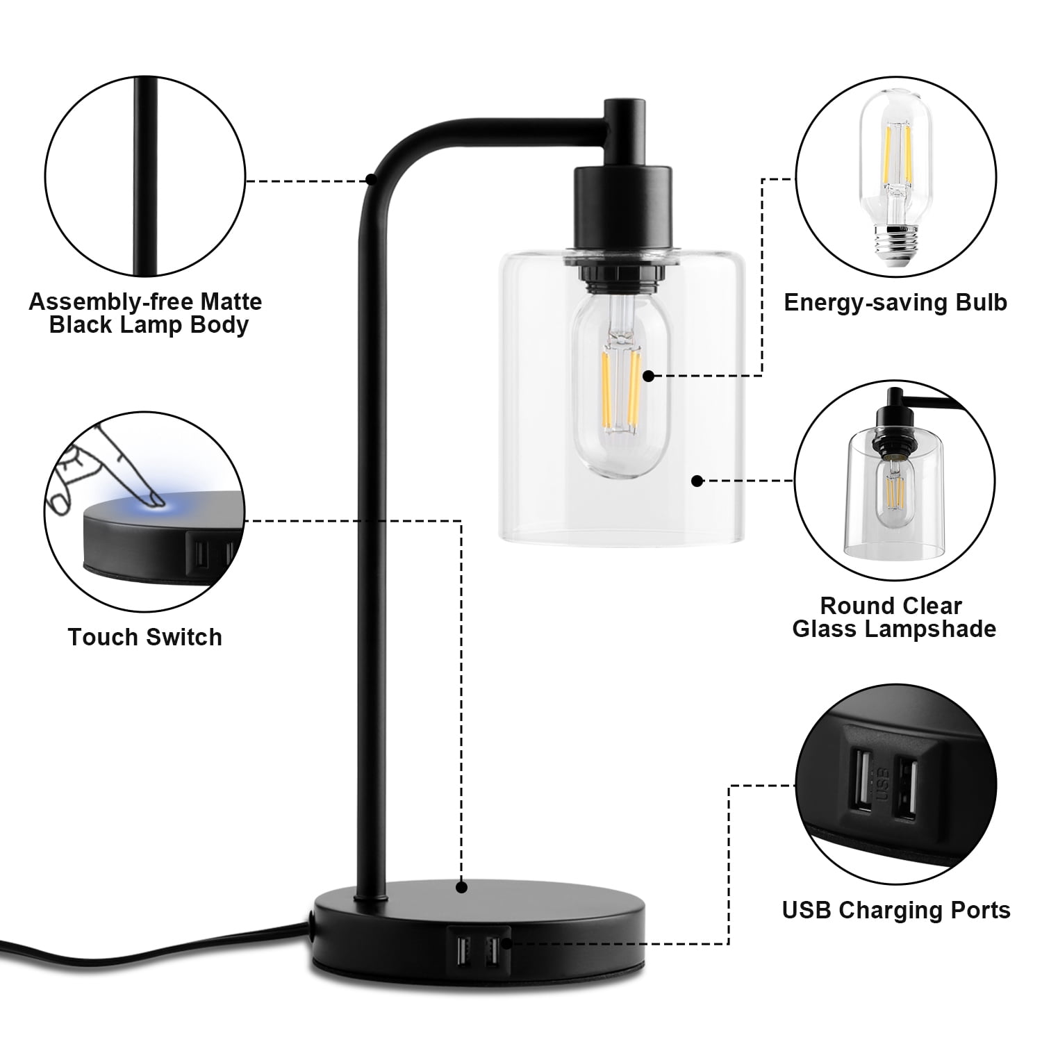 Walchoice Table Lamp Set of 2, Touch Control Desk Lamp with 2 USB Charging Ports, 3-Way Dimmable Nightstand Lamps with Glass Shade for Bedroom Living Room