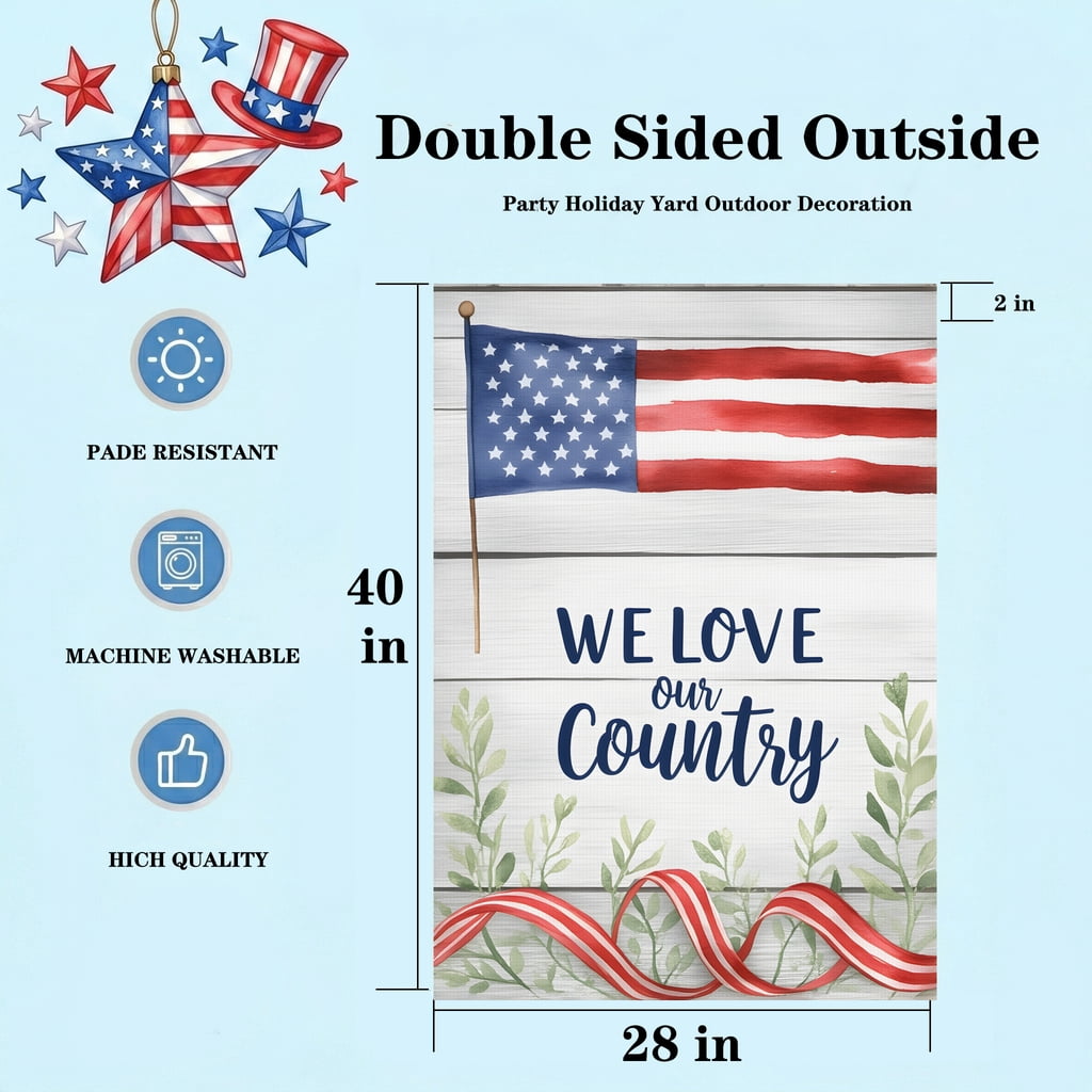 red white blue garden flag A flag with the words we love our country on it. WE LOVE our Country america 250 decor 28x40 Inch Vertical Banner americana decor
