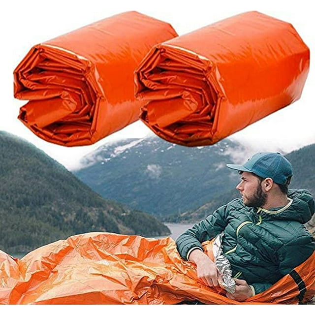 Sac de Couchage de Survie Couverture, 2 Pcs Sac de Couchage d'Urgence pour Camping en Plein Air, Sac de Survie Léger et Imperméable, pour Camping, Randonnée, Activités Extérieures, Orange