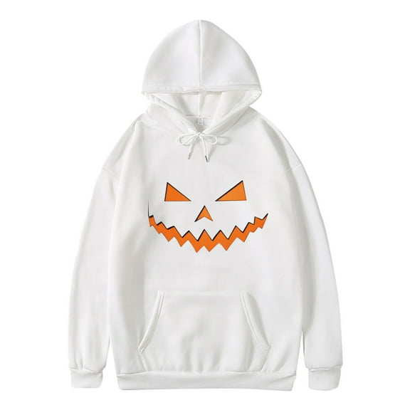 LNMQLPDBS Womens Fashion Loose Hooded Sweater Halloween Long Sleeve Loose Solid Pumpkin Expression Print Hoodie Sweater