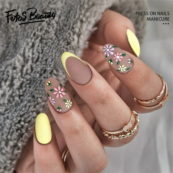 Fofosbeauty 24 Pcs Ongles Postiches à Presser, Ongles Acryliques en Amande, Fleurs Vintage à Récurer Jaunes