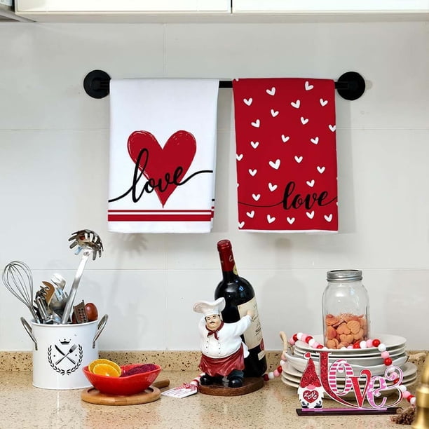 Juego de toallas de cocina para el Día de San Valentín | Microfibra extra grande de 45×66cm, suave, súper absorbente, estampado romántico de corazón, rojo | 2-Pack Paños de cocina multiusos para una