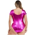 thumbnail image 2 of Aiihoo Plus Size Shiny Metallic Bodysuit for Women Short Sleeve Scoop Neck Glossy Leotards Hot Pink XXL, 2 of 6