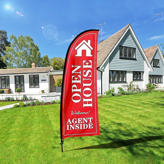 QSUM Open House Sign Feather Flag with Pole Kit,7FT Open House Decoration Display, Open House Business Sign,Open House Swooper Flag（red-1）