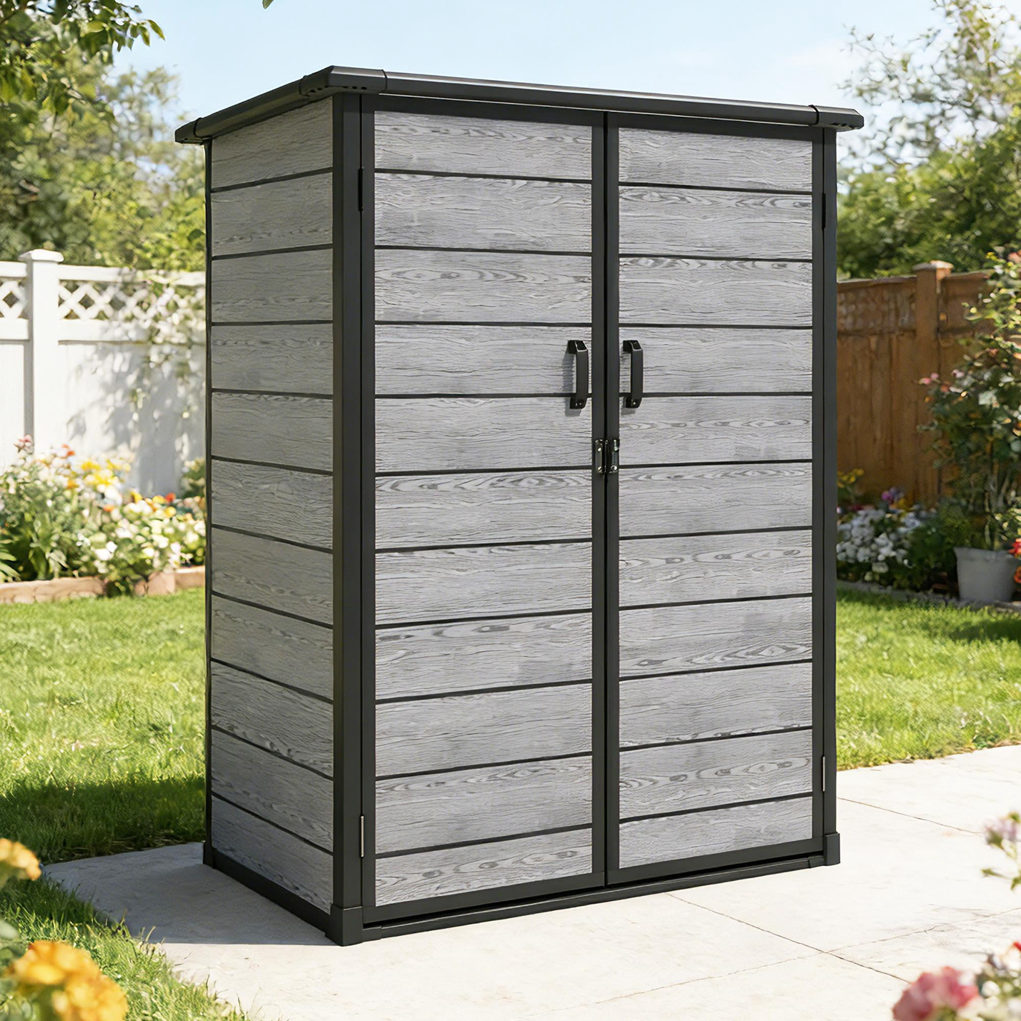 Sheds & Outdoor Storage, 4.6x3FT Outdoor Storage Shed with Floor, Waterproof Patio Plastic Shed Sloped Roof, Lockable Garden Bike Tool Shed Two Door Design, Wood Gray
