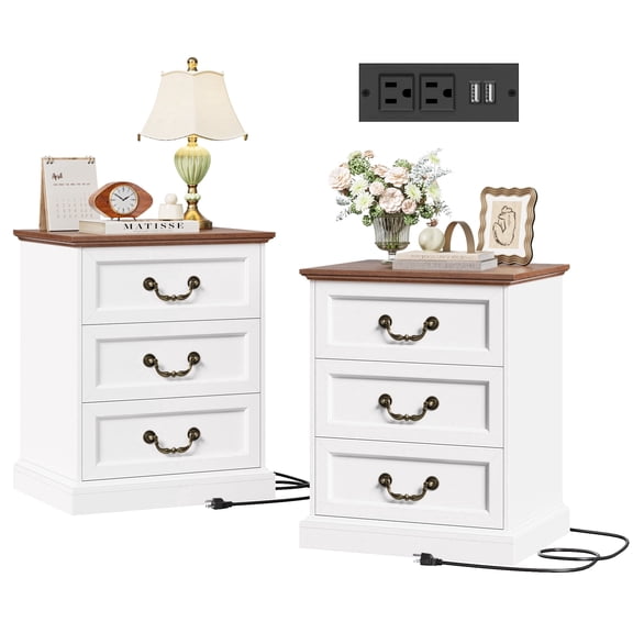Homfa 3-Drawer Nightstands Set of 2, Bedroom Night Stand with Charge Station, Accent Sofa End Table for Living Room, White