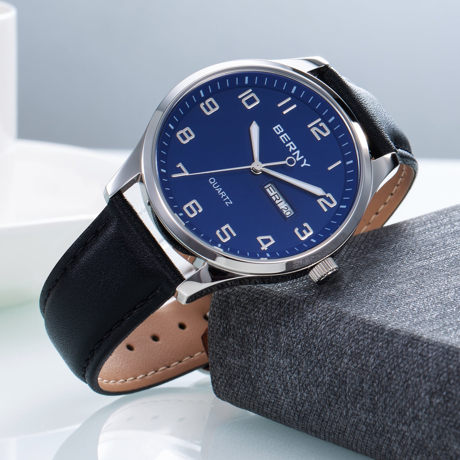 BERNY Modern Quartz Watch for Men Casual Easy Read Wristwatch with Arabic Numeral Watch Dial, Genuine Leather Strap and Day & Date Calendar-Blue Dial