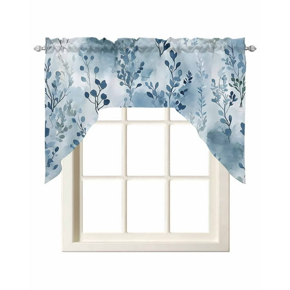 Blue Botanical Art Kitchen Curtains Swag Valance for Windows/Bathroom/Cafe, Watercolor Leaf Modern Elegant Rod Pocket Drape Panel Swag Curtain Valance for Bedroom/Living Room 55''x36''